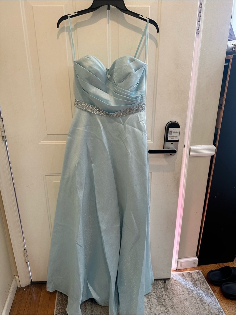 B Darlin Light Blue Strapless A-Line Gown with Beaded Waist